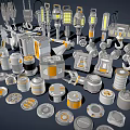 Industrial Equipment Parts in Gray with Orange Details Including Hoists Lights and Wheels