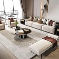 Modern Sofa and Coffee Table Set with Pillows Rug Decorative Painting and Green Plant
