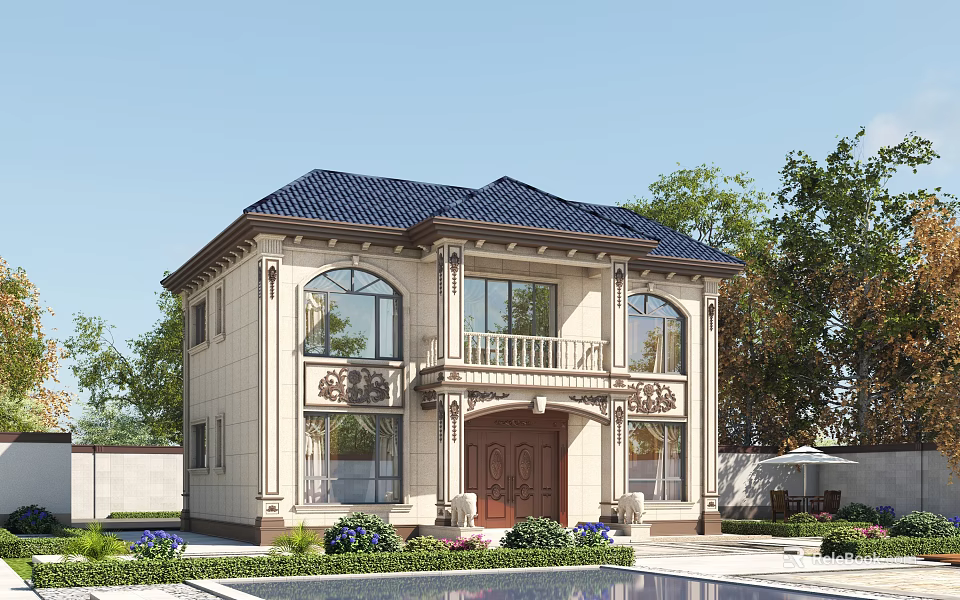 Elegant Detached Villa With Blue Roof Beige Exterior Large Windows Balcony And Swimming Pool 3d model 