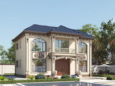 Elegant Detached Villa With Blue Roof Beige Exterior Large Windows Balcony And Swimming Pool 3d model