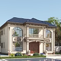 Elegant Detached Villa With Blue Roof Beige Exterior Large Windows Balcony And Swimming Pool