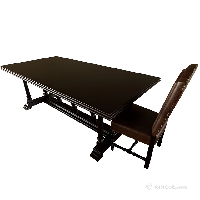 Dark Wooden Dining Table Set With Leather Upholstered Chair And Sturdy Legs 3d model 