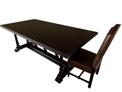 Dark Wooden Dining Table Set With Leather Upholstered Chair And Sturdy Legs 3d model