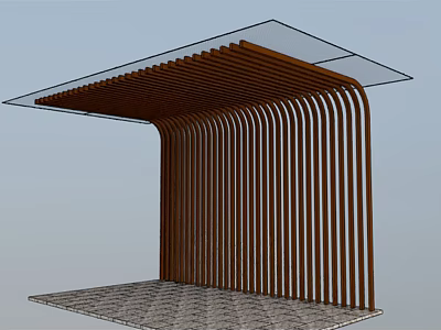 Modern Pergola Structure with Wooden Vertical Slats Glass Roof and Stone Floor 3d model