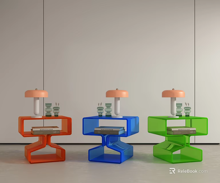 Colorful Small Tables With Orange Pendant Lights And Modern Decor Elements 3d model