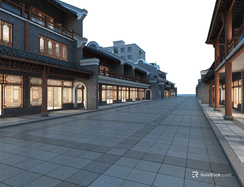 Traditional Style Commercial Street With Illuminated Shop Windows And Stone Paved Path 3d model 