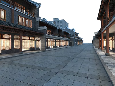 Traditional Style Commercial Street With Illuminated Shop Windows And Stone Paved Path 3d model