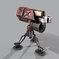 Red Mechanical Turret Weapon With X Shaped Body And Multi Legged Base Gear Mechanism