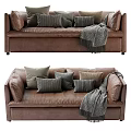 Brown Leather Two-Seater Sofa with Decorative Pillows and Gray Throw Blanket 3d model