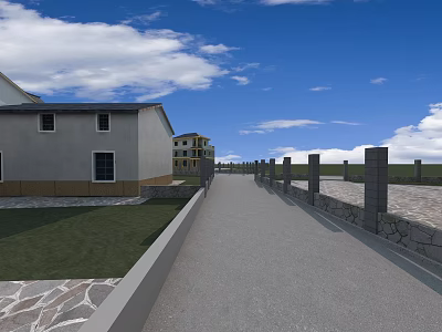 Swing Door For Building Exterior With Grass Stone Path And Fence 3d model