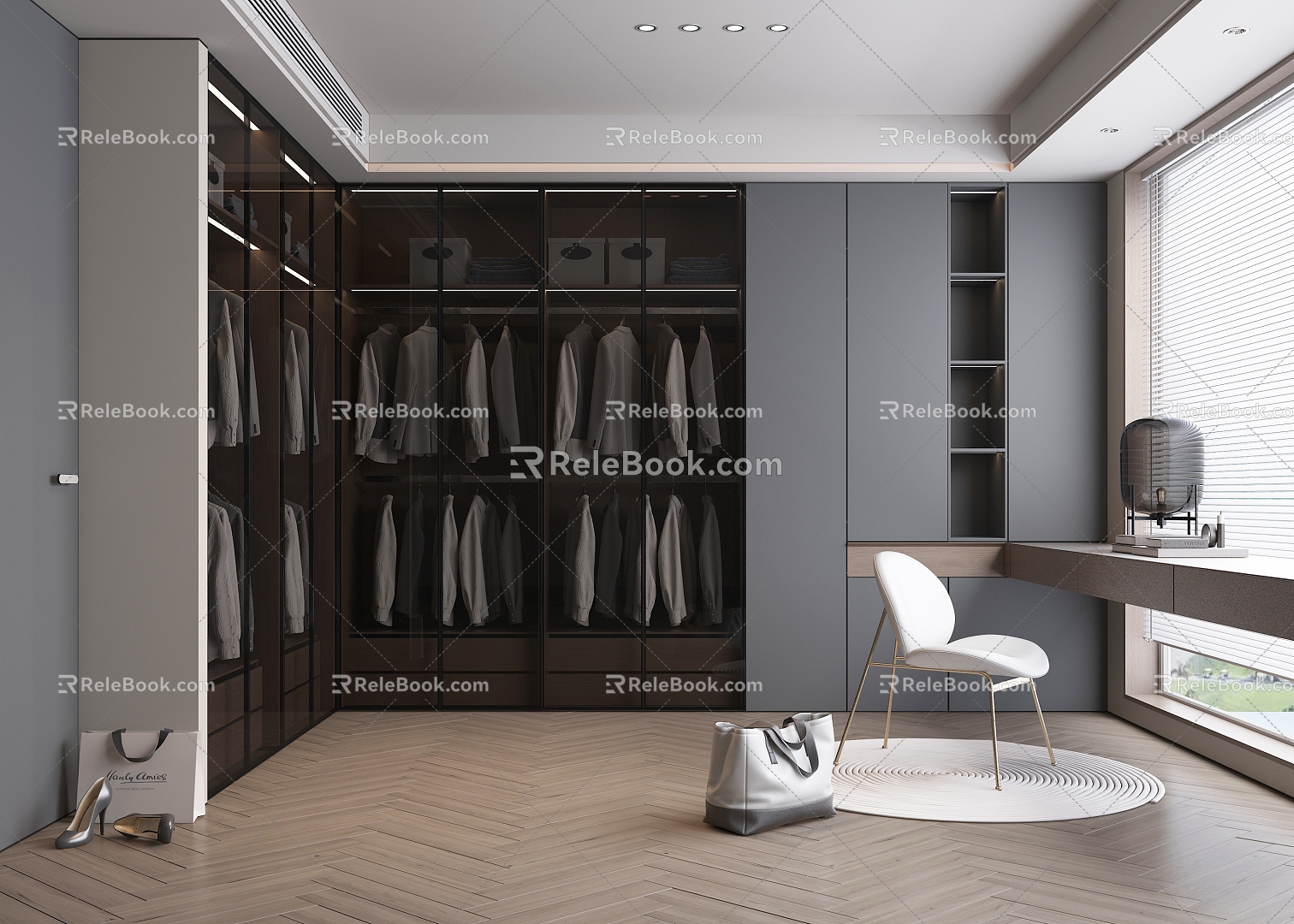 Modern Style Cloakroom Wardrobe Wall Hanging Cloakroom Dressing Table and Chair Tote Bag Clothes 3d model