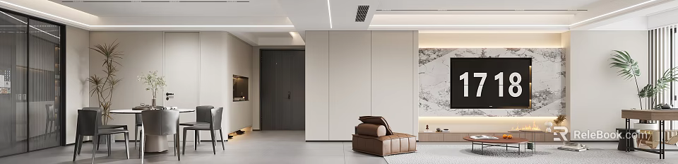 Modern Living Dining Room Interior With Sofa Coffee Table And Decorative Wall 3d model