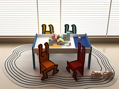 Colorful Cartoon Shaped Kids Chairs With Play Table And Building Blocks In Playroom 3d model
