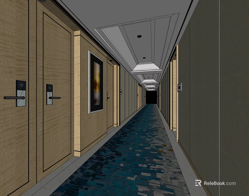 Modern Elevator Corridor With Wooden Doors Framed Artwork Blue Carpet And Ceiling Lights 3d model
