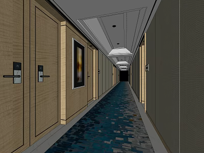 Modern Elevator Corridor With Wooden Doors Framed Artwork Blue Carpet And Ceiling Lights 3d model