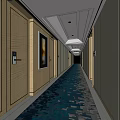 Modern Elevator Corridor With Wooden Doors Framed Artwork Blue Carpet And Ceiling Lights 3d model