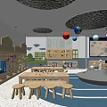 Bright Kindergarten Classroom With Colorful Wall Decor Wooden Tables And Hanging Globe Ornaments