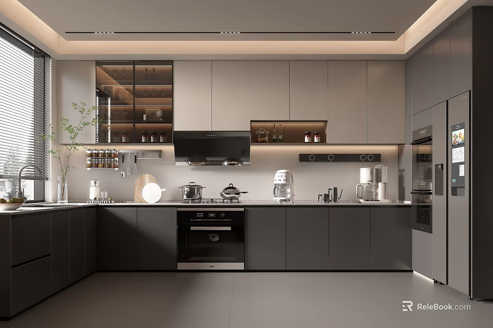 Modern Kitchen Interior Design With Gray Cabinets Black Appliances And Potted Plant 3d model 