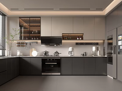 Modern Kitchen Interior Design With Gray Cabinets Black Appliances And Potted Plant 3d model