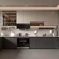 Modern Kitchen Interior Design With Gray Cabinets Black Appliances And Potted Plant