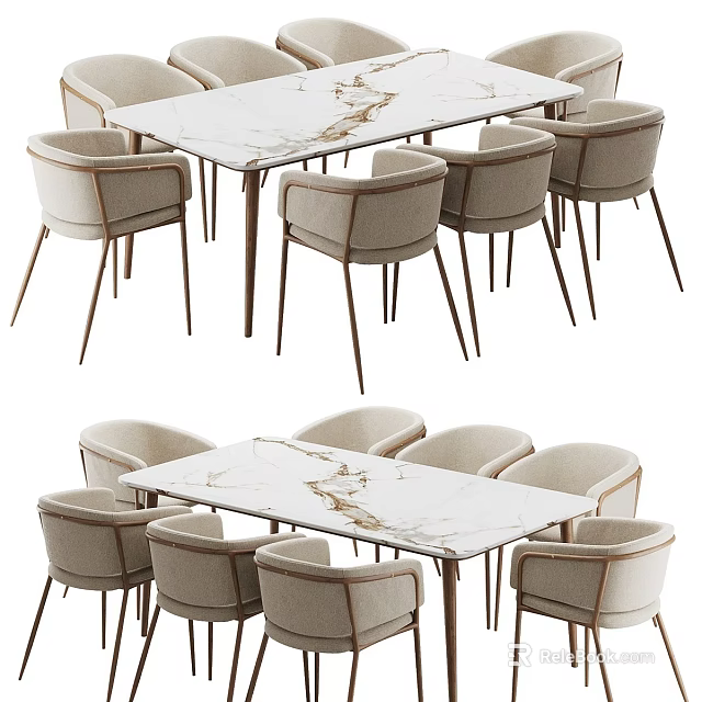 Modern Light Colored Upholstered Dining Chairs Around Marble Tabletop Dining Table 3d model 