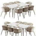 Modern Light Colored Upholstered Dining Chairs Around Marble Tabletop Dining Table
