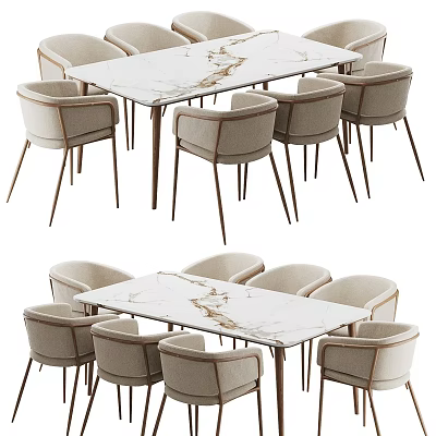 Modern Light Colored Upholstered Dining Chairs Around Marble Tabletop Dining Table 3d model