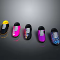 Colorful Athletic Sports Shoes with Various Designs and Vibrant Upper Patterns on Dark Background