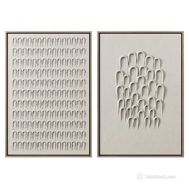 Two Abstract Oil Paintings With Geometric Patterns Curved Shapes White Background And Black Frames 3d model 