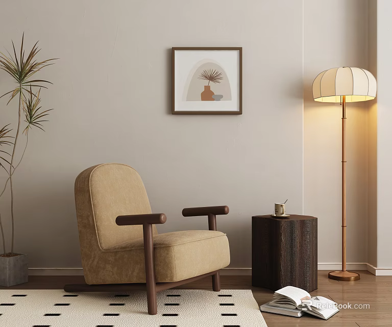 Beige Single Sofa With Wooden Armrests Side Table Floor Lamp And Plant In Living Room 3d model