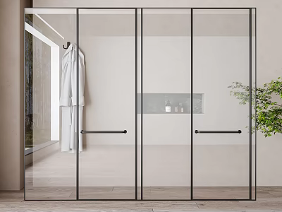 Modern Glass Shower Door with Black Frame and Hanging Towel in Minimalist Bathroom 3d model