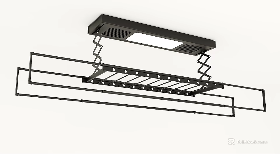 Ceiling Mounted Clothes Hanger with LED Light Adjustable Drying Rods Retractable Design for Home Laundry 3d model 