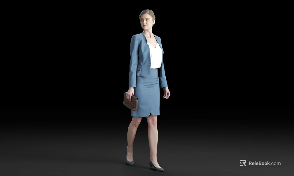 Elegant woman in blue suit with white blouse holding brown handbag against black background 3d model 