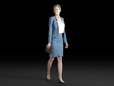 Elegant woman in blue suit with white blouse holding brown handbag against black background 3d model