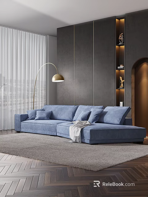 Blue Irregular Shaped Sofa In Modern Living Room With Floor Lamp And Gray Walls 3d model 