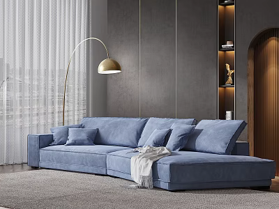 Blue Irregular Shaped Sofa In Modern Living Room With Floor Lamp And Gray Walls 3d model
