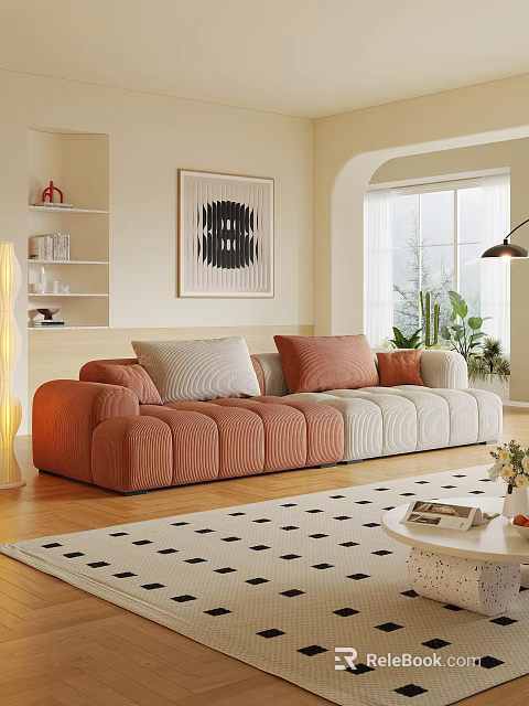 Modern Interior Design Orange Beige Sofa Coffee Table Set With Cushions Plants And Floor Lamp 3d model 