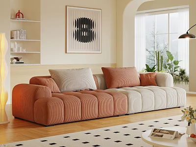 Modern Interior Design Orange Beige Sofa Coffee Table Set With Cushions Plants And Floor Lamp 3d model