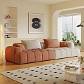 Modern Interior Design Orange Beige Sofa Coffee Table Set With Cushions Plants And Floor Lamp