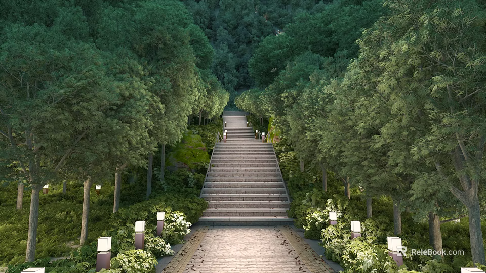 Lush Green Forest Landscape With Long Stone Stairs And Lined Lamp Posts 3d model 