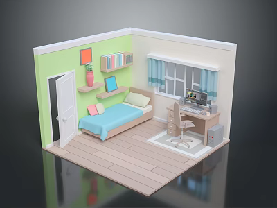 Cozy Bedroom Interior with Green Walls Bookshelf Blue Bed Desk and Window Curtains 3d model
