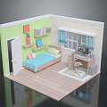 Cozy Bedroom Interior with Green Walls Bookshelf Blue Bed Desk and Window Curtains