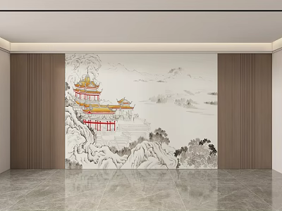 Traditional Chinese Ink Painting Background Wall With Mountain Scenery And Pavilion In Modern Room 3d model