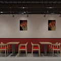 Red And White Restaurant Interior With Food Displays Tables Chairs And Kitchen Area