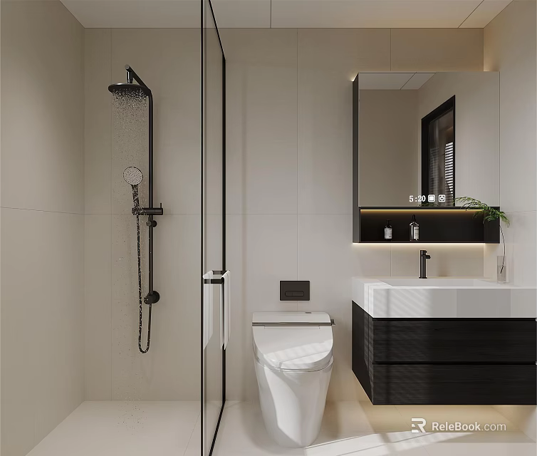 Modern Bathroom Interior Design With Glass Shower Door Toilet White Vanity And Black Cabinetry 3d model 