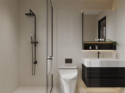 Modern Bathroom Interior Design With Glass Shower Door Toilet White Vanity And Black Cabinetry 3d model