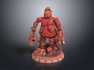Red Cartoonish Creature Character Sculpture With Large Arms Standing On Decorative Base 3d model