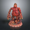 Red Cartoonish Creature Character Sculpture With Large Arms Standing On Decorative Base
