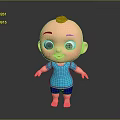 Cute Cartoon Baby with Yellow Hair Blue Shirt Shorts Smiling Face Barefoot Standing