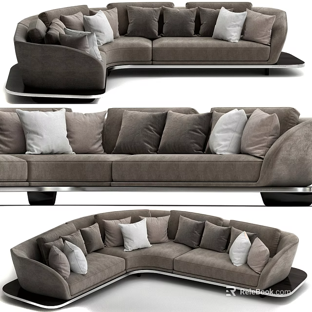 Modern Gray Sectional Sofa With Plush Pillows And Metallic Base Design 3d model